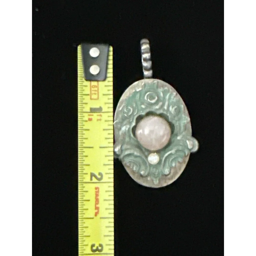 Vintage Moonstone Cabochon Pendant Clip On Earrings Green Patina Jewelry Set